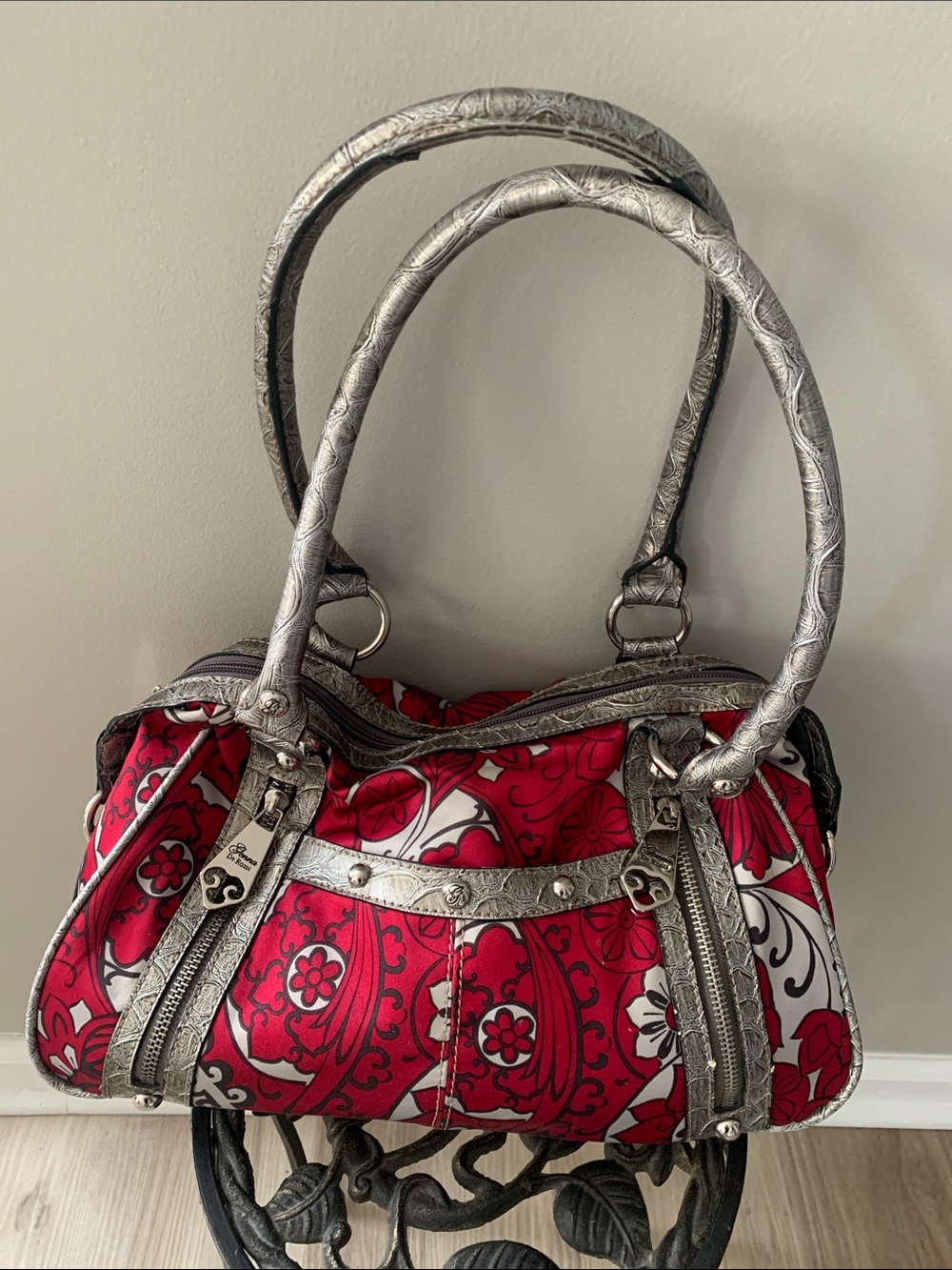 Metallic-Trim Red Floral Shoulder Bag